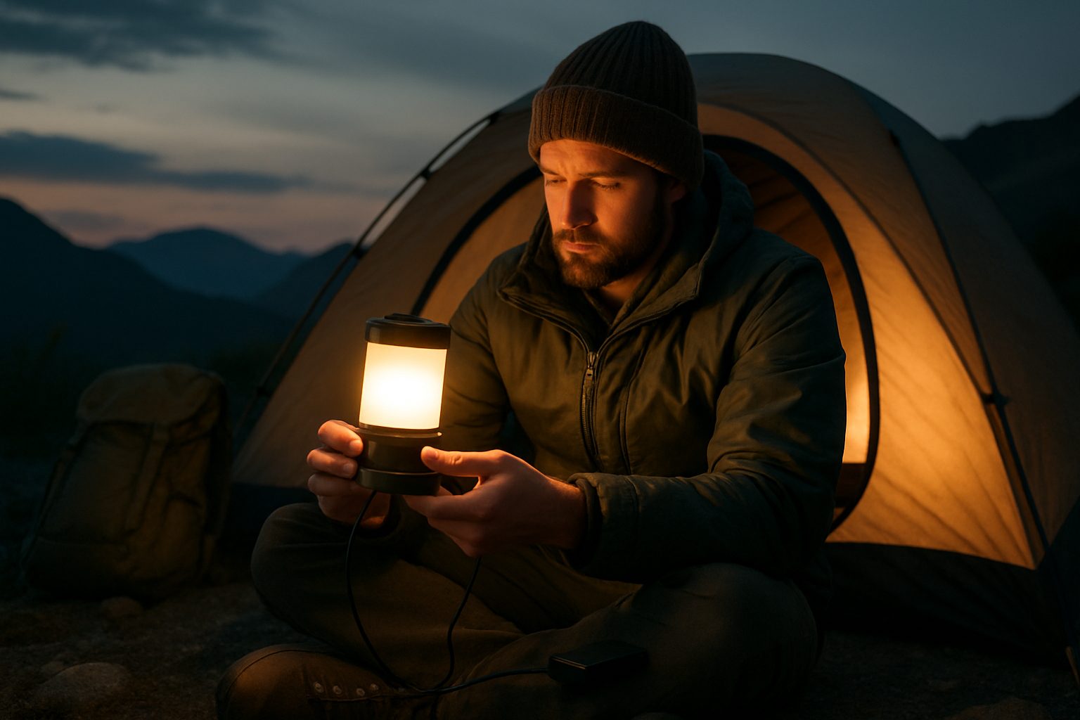 A person sits cross legged in front of a lit tent at dusk, holding a glowing lantern, with mountains visible in the background | outdoorsurvivors com