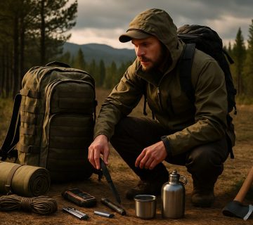 A man in outdoor gear crouches on a forest path, organizing camping equipment including a backpack, machete, rope, metal cup, canteen, axe, and multitool | outdoorsurvivors com