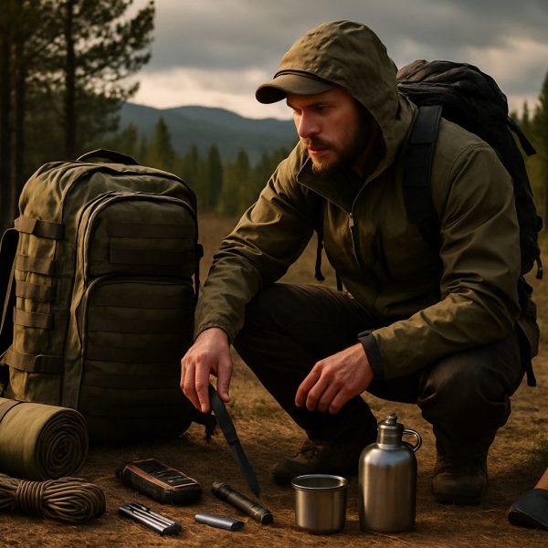 A man in outdoor gear crouches on a forest path, organizing camping equipment including a backpack, machete, rope, metal cup, canteen, axe, and multitool. | outdoorsurvivors.com A man in outdoor gear crouches on a forest path, organizing camping equipment including a backpack, machete, rope, metal cup, canteen, axe, and multitool | outdoorsurvivors com