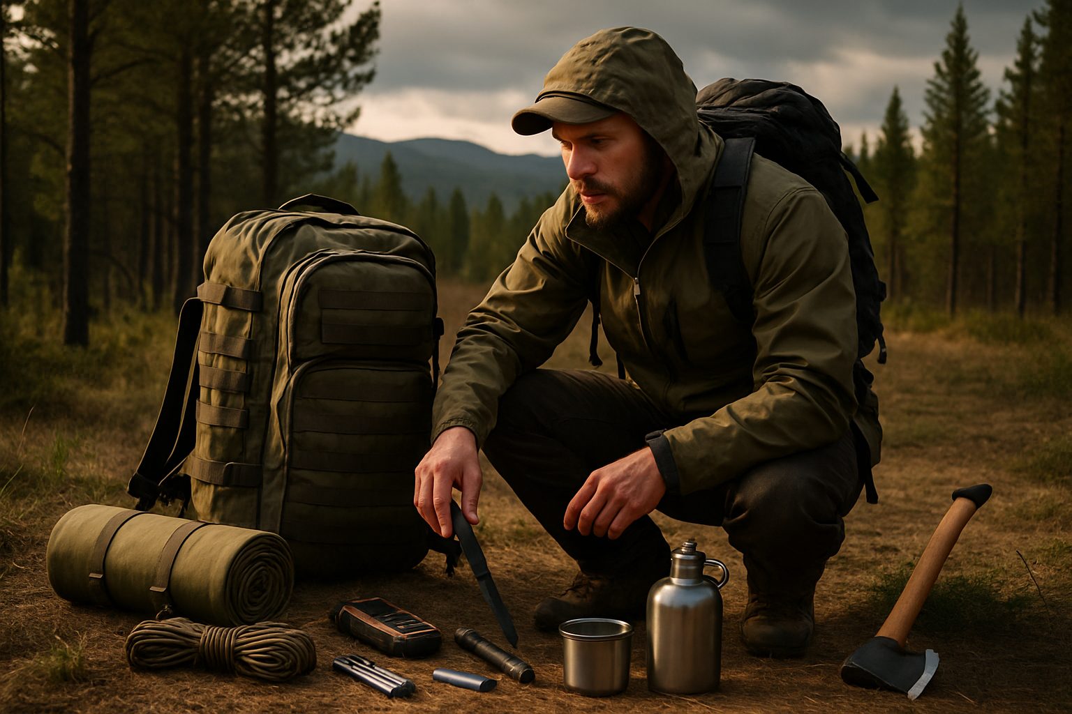 A man in outdoor gear crouches on a forest path, organizing camping equipment including a backpack, machete, rope, metal cup, canteen, axe, and multitool | outdoorsurvivors com