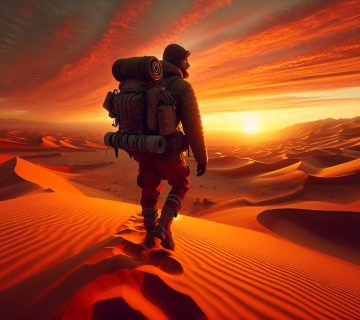 A person with a large backpack stands on a sand dune, looking at a dramatic sunset over a vast desert landscape | outdoorsurvivors com