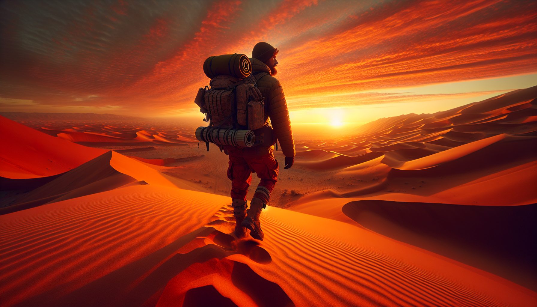 A person with a large backpack stands on a sand dune, looking at a dramatic sunset over a vast desert landscape | outdoorsurvivors com