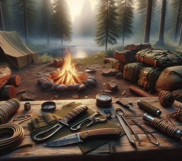 A campsite in a forest with a lit campfire, tents, backpacks, and various survival tools and ropes arranged on a wooden table in the foreground  | outdoorsurvivors com