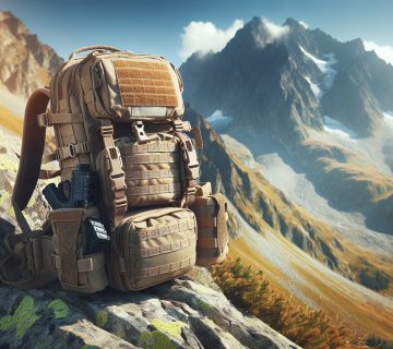 A tactical backpack with multiple compartments sits on a rock in a mountainous landscape under clear skies and sunlight | outdoorsurvivors com