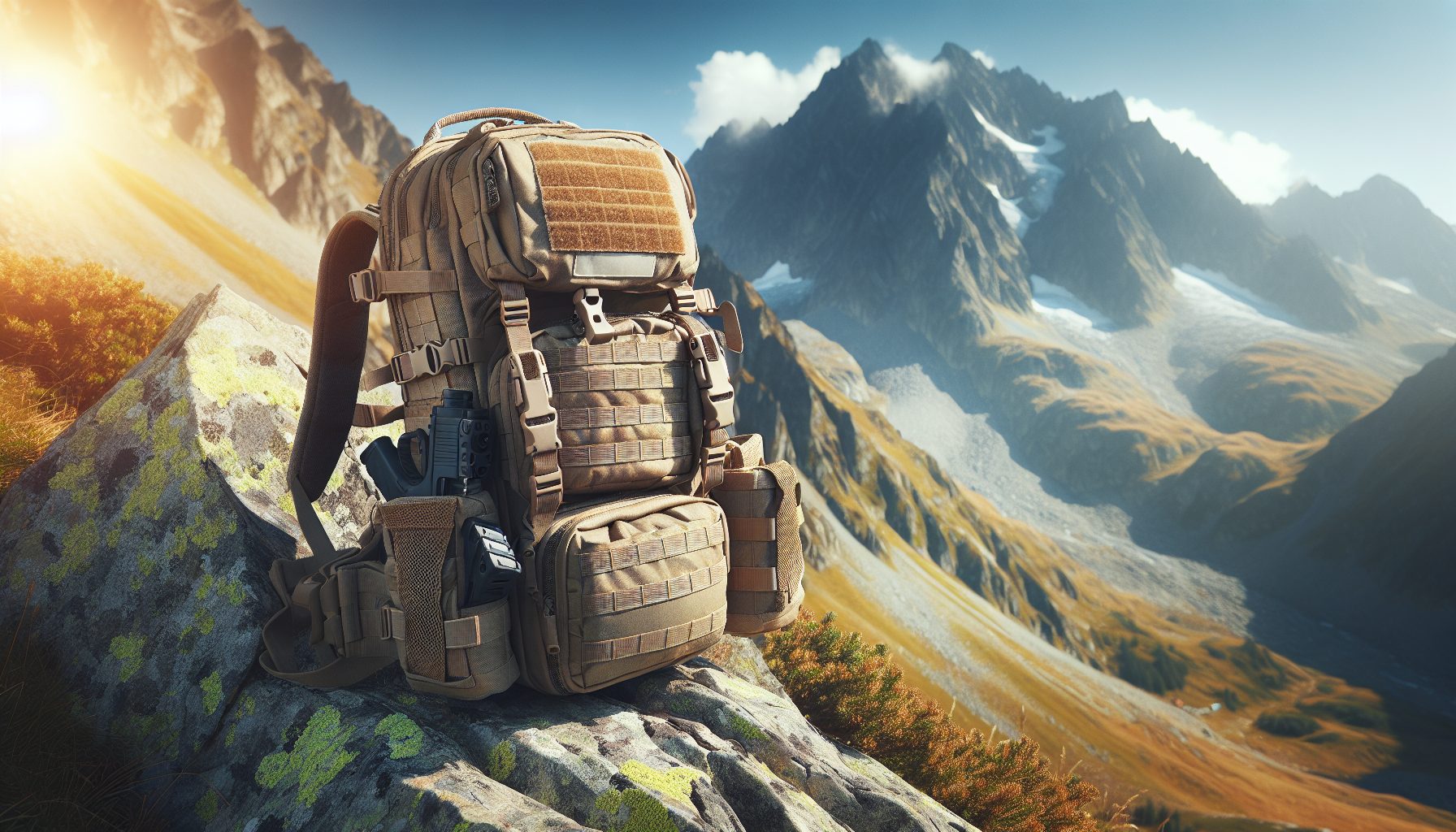 A tactical backpack with multiple compartments sits on a rock in a mountainous landscape under clear skies and sunlight | outdoorsurvivors com
