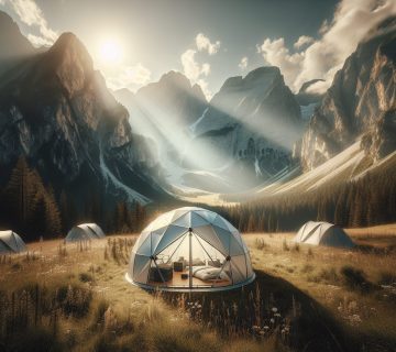 Geodesic dome tents are set up in a grassy valley surrounded by tall mountains under a partly cloudy sky with sunlight streaming through  | outdoorsurvivors com